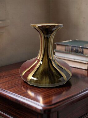 vintage red brown gold drip glaze mid century pottery vase.